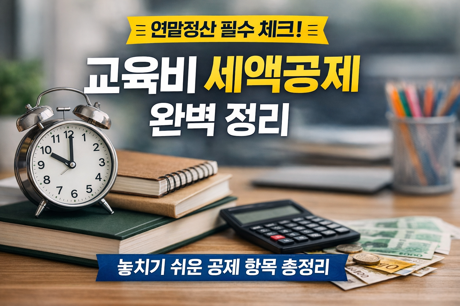 교육비 세액공제 완벽 정리를 설명하는 연말정산 세금 정보 썸네일로 책, 계산기, 알람시계와 한국 화폐가 놓인 책상 위 실물사진