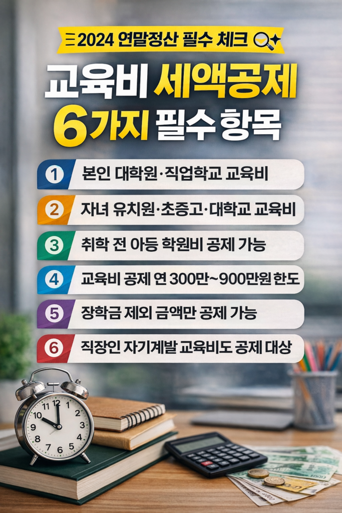 교육비 세액공제 6가지 핵심 항목을 정리한 인포그래픽 이미지로 연말정산 교육비 공제 대상과 공제 기준을 설명하는 세금 정보 그래픽