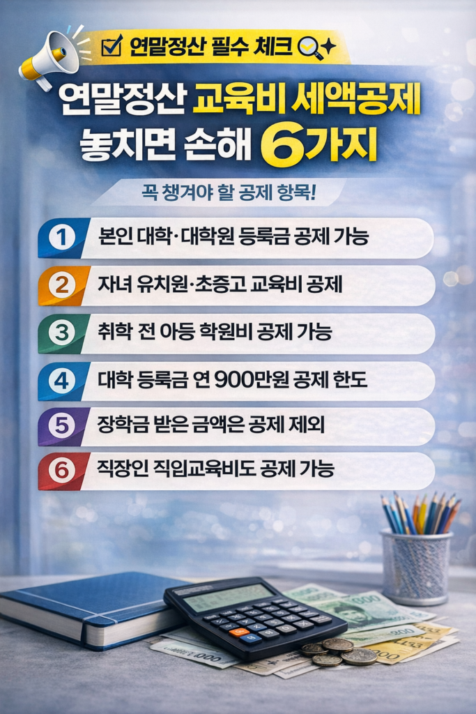 연말정산 교육비 세액공제 놓치면 손해 6가지를 정리한 인포그래픽으로 본인 대학 등록금, 자녀 초중고 교육비, 취학 전 학원비 공제 가능 여부 등을 설명한 세금 정보 이미지