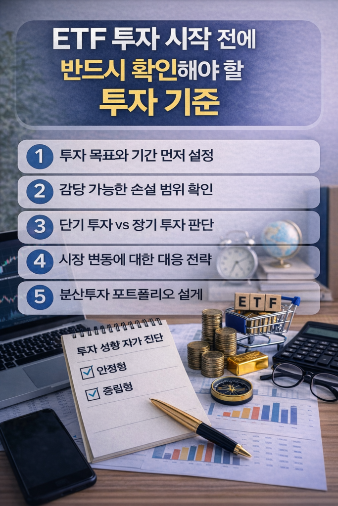 ETF 투자 시작 전에 반드시 확인해야 할 투자 기준을 정리한 인포그래픽으로 ‘ETF 투자 시작 전에 반드시 확인해야 할 투자 기준’ 제목 아래 투자 목표 설정, 손실 범위 확인, 단기·장기 투자 판단, 시장 변동 대응 전략, 분산투자 포트폴리오 설계 등 5가지 핵심 투자 기준이 번호와 함께 정리된 금융 투자 이미지.