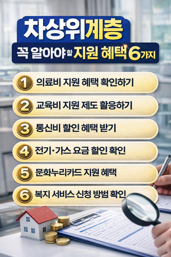 차상위계층이 꼭 확인해야 할 지원 제도 6가지를 설명한 복지 인포그래픽으로 의료비 본인부담 경감, 교육급여 지원, 통신요금 할인, 전기요금 할인, 문화누리카드 지원, 복지로 온라인 신청 방법을 숫자와 아이콘으로 정리한 이미지