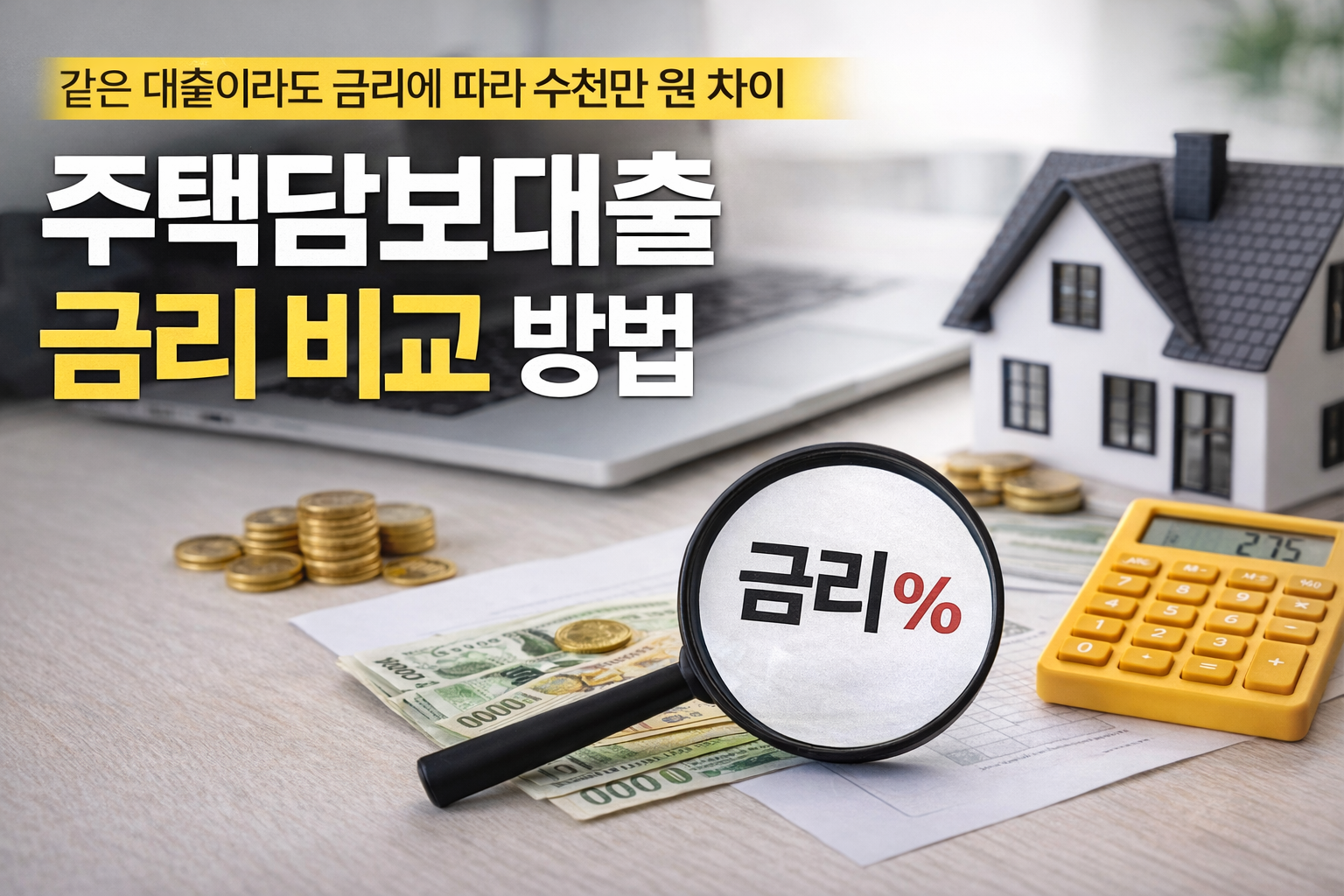 집 모형과 계산기, 동전, 지폐가 놓인 테이블 위에서 금리를 확대해서 보여주는 돋보기를 통해 주택담보대출 금리 비교 방법을 설명하는 금융 블로그 썸네일 이미지