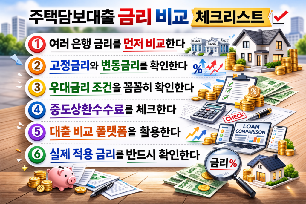집 모형, 동전, 계산기, 서류가 놓인 테이블 위에서 주택담보대출 금리 비교 체크리스트 6가지를 설명하는 금융 인포그래픽 이미지