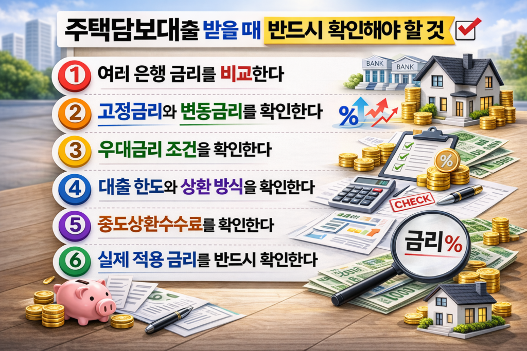 집 모형, 동전, 계산기, 금융 서류와 돋보기를 배경으로 주택담보대출 받을 때 반드시 확인해야 할 것 6가지를 설명하는 금융 인포그래픽 이미지