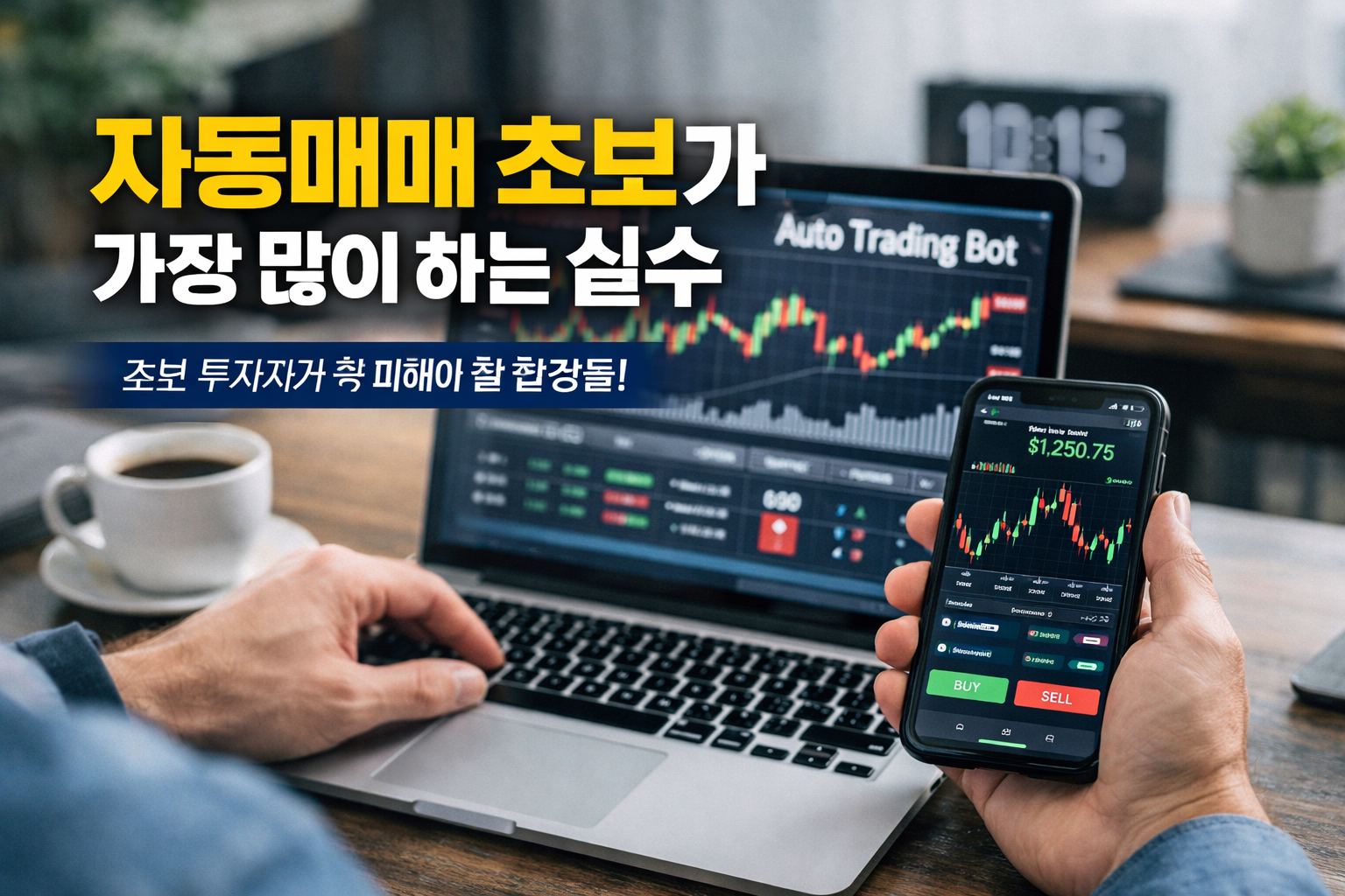 노트북과 스마트폰으로 주식 차트를 보며 자동매매 프로그램을 사용하는 투자자의 모습과 “자동매매 초보가 가장 많이 하는 실수”라는 문구가 있는 현대적인 투자 썸네일 이미지