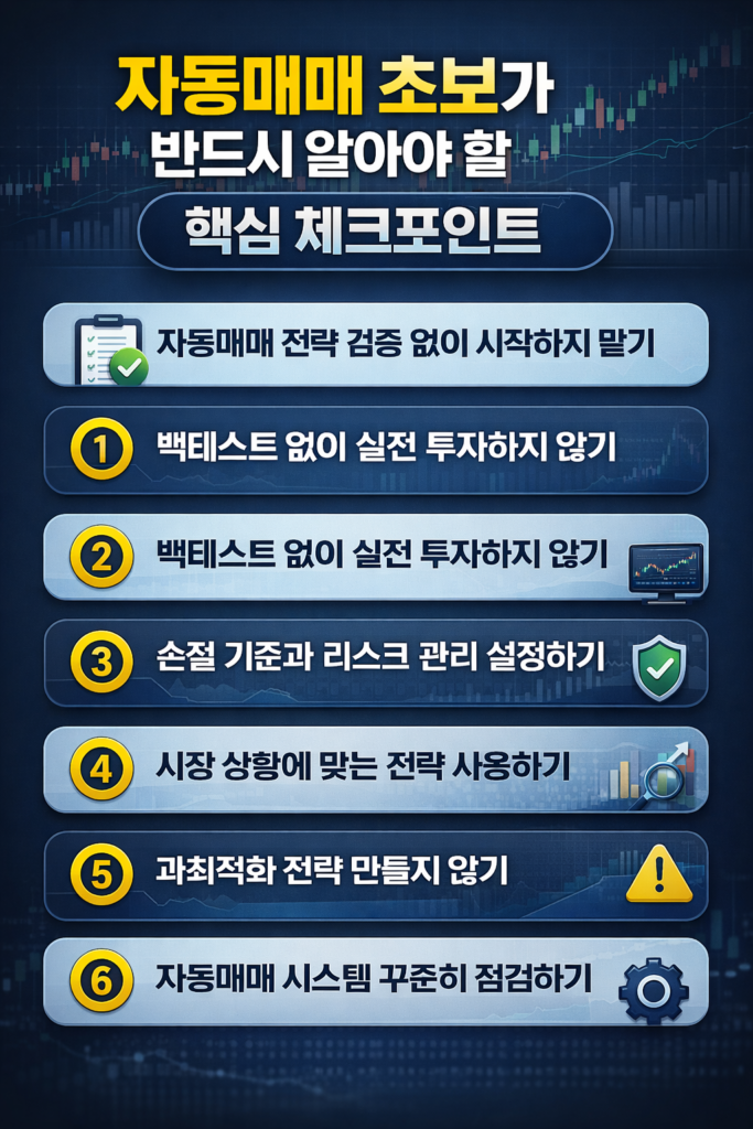 자동매매 초보 투자자가 반드시 알아야 할 핵심 체크포인트 6가지를 정리한 투자 인포그래픽