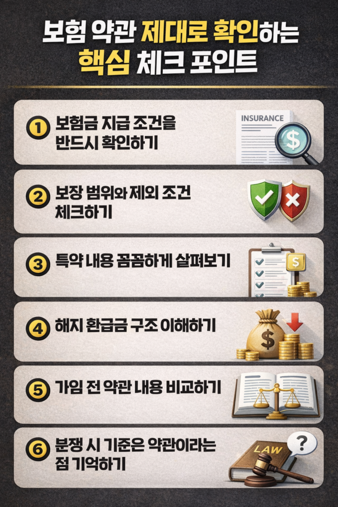 보험 약관 확인 시 꼭 체크해야 할 보험금 지급 조건, 보장 범위, 특약, 해지 환급금 등 6가지 핵심 내용을 정리한 재테크 인포그래픽 이미지