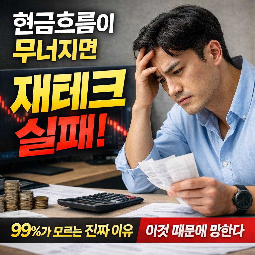 재테크 실패를 상징하는 장면으로, 책상 위 영수증과 계산기를 들고 고민하는 30대 남성의 모습과 함께 ‘현금흐름이 무너지면 재테크 실패’라는 문구가 강조된 금융 콘텐츠 썸네일