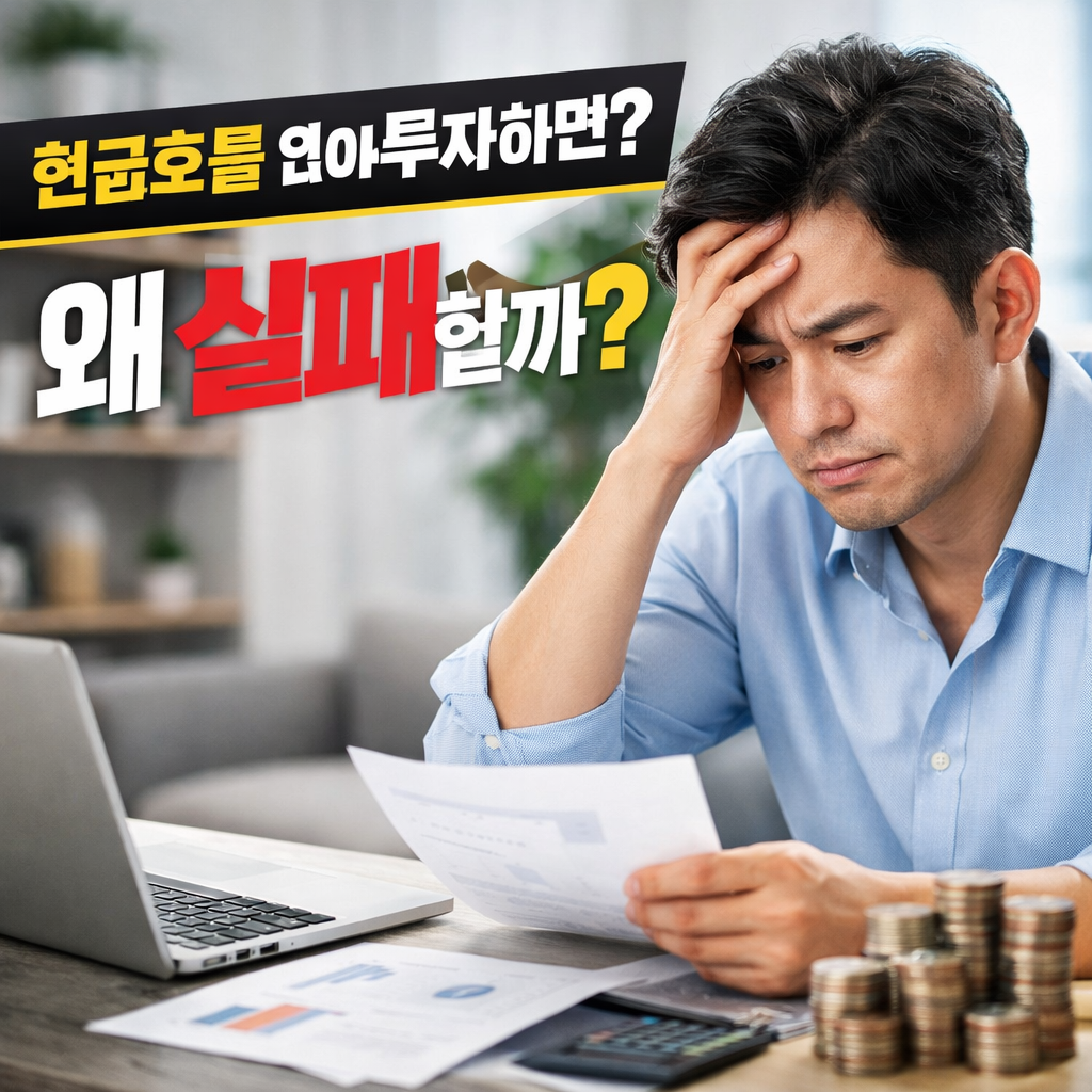 현금흐름 없이 투자 실패를 고민하는 남성이 계산기와 서류를 보며 스트레스를 받는 모습의 현대적인 재테크 썸네일 이미지