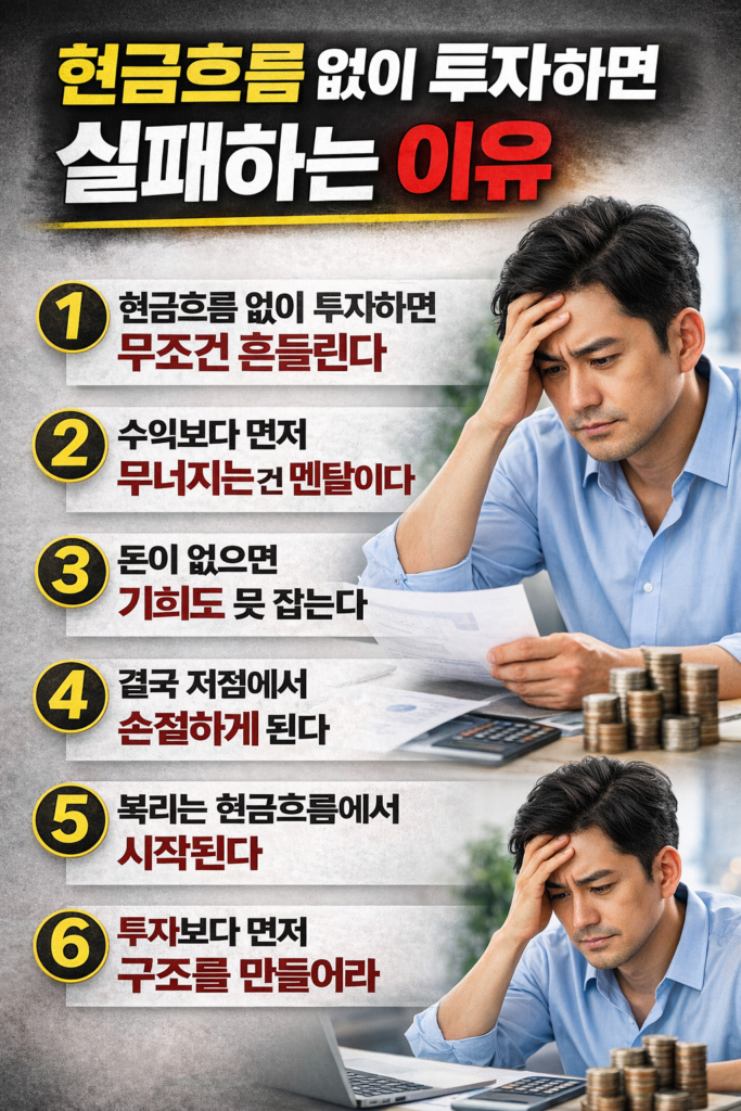 현금흐름 없이 투자하면 실패하는 이유 6가지를 설명하는 인포그래픽으로, 스트레스를 받는 남성과 함께 투자 실패 원인을 강조한 이미지