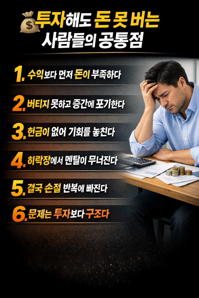 투자해도 돈을 못 버는 사람들의 공통점 6가지를 설명하는 인포그래픽으로, 고민하는 남성과 함께 투자 실패 원인을 강조한 이미지