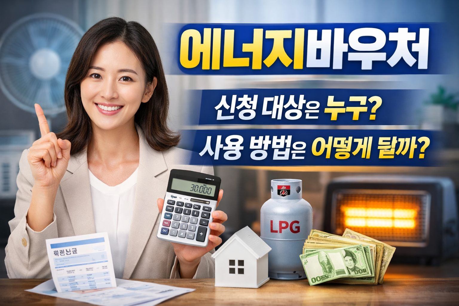 미소 짓는 여성이 계산기를 들고 있는 모습과 함께 전기요금 고지서, LPG 가스통, 난방기, 현금이 배치된 이미지로 ‘에너지바우처 신청 대상은 누구?’와 ‘사용 방법은 어떻게 될까?’ 문구가 강조된 썸네일
