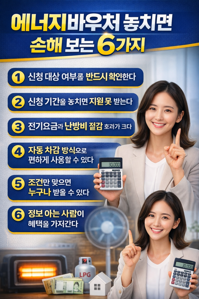 에너지바우처를 놓치면 손해 보는 이유 6가지를 정리한 인포그래픽으로, 신청 대상 확인, 신청 기간 준수, 전기요금 및 난방비 절감 효과, 자동 차감 사용 방식, 조건 충족 시 수혜 가능, 정보 격차에 따른 혜택 차이를 강조한 이미지