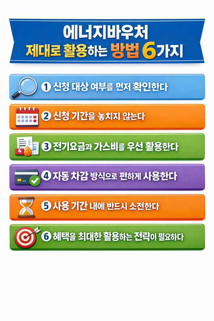 에너지바우처를 제대로 활용하는 방법 6가지를 정리한 인포그래픽으로, 신청 대상 확인, 신청 기간 준수, 전기요금과 가스비 우선 사용, 자동 차감 방식 활용, 사용 기간 내 소진, 혜택 극대화 전략을 강조한 이미지