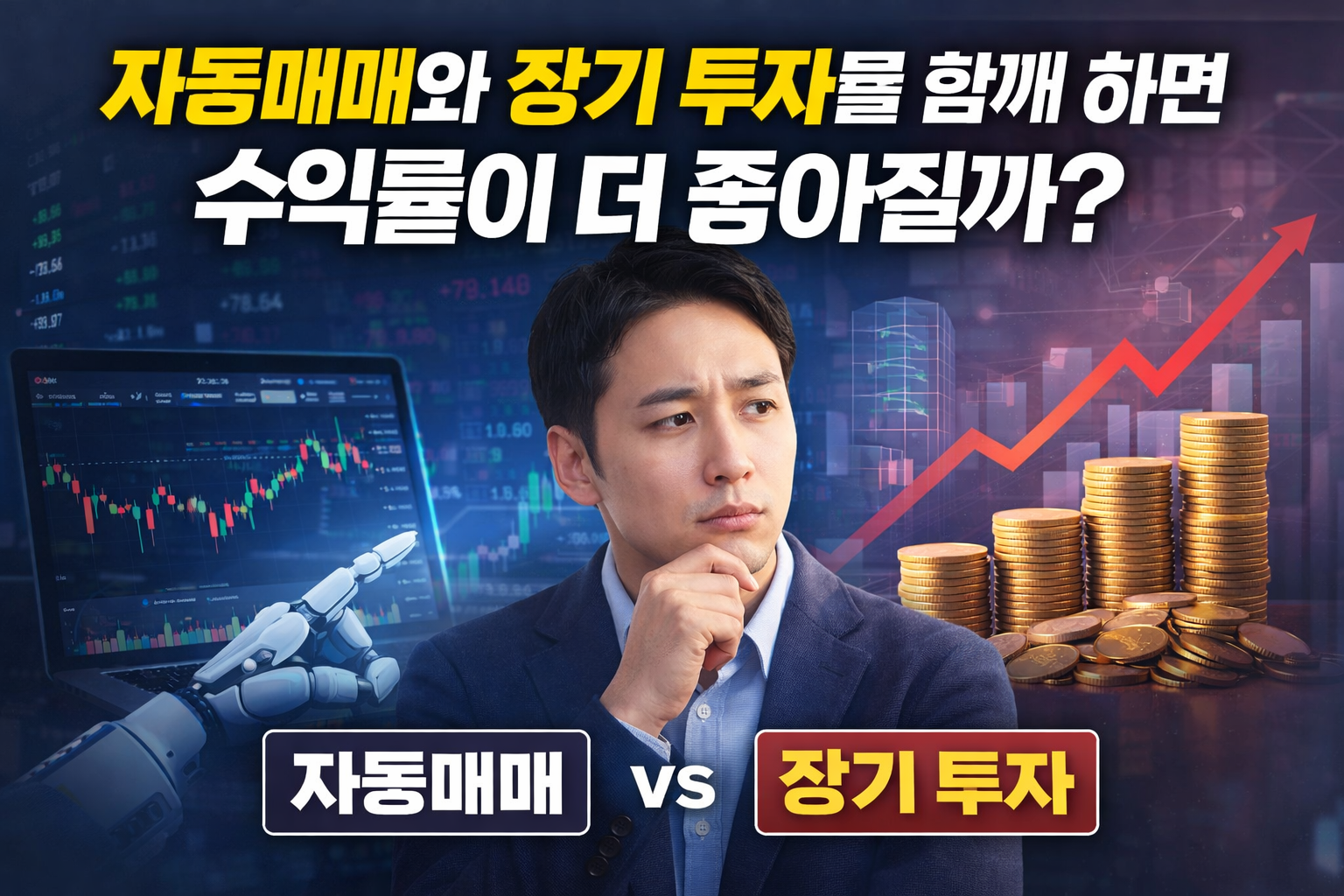자동매매와 장기 투자를 비교하는 재테크 썸네일 이미지로 한 남성이 고민하는 모습과 함께 왼쪽에는 주식 차트와 로봇 자동매매 화면 오른쪽에는 상승 그래프와 코인이 표현된 투자 콘텐츠