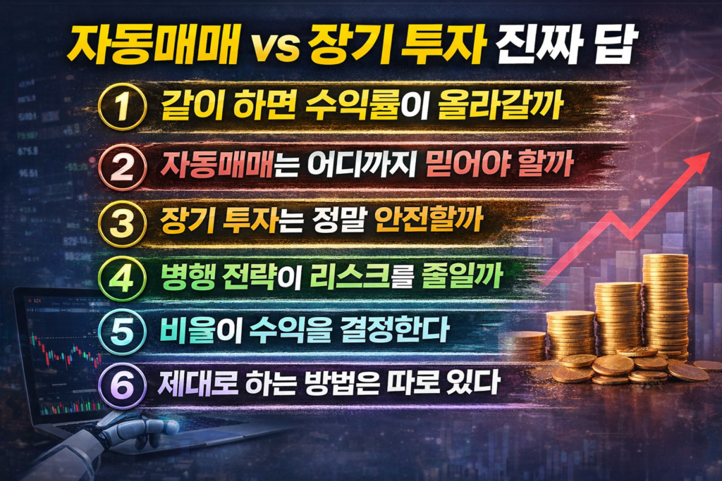 수익률을 높이는 투자 전략을 6가지로 정리한 인포그래픽으로 주식 차트 상승 그래프와 코인 이미지가 함께 표현된 금융 투자 콘텐츠