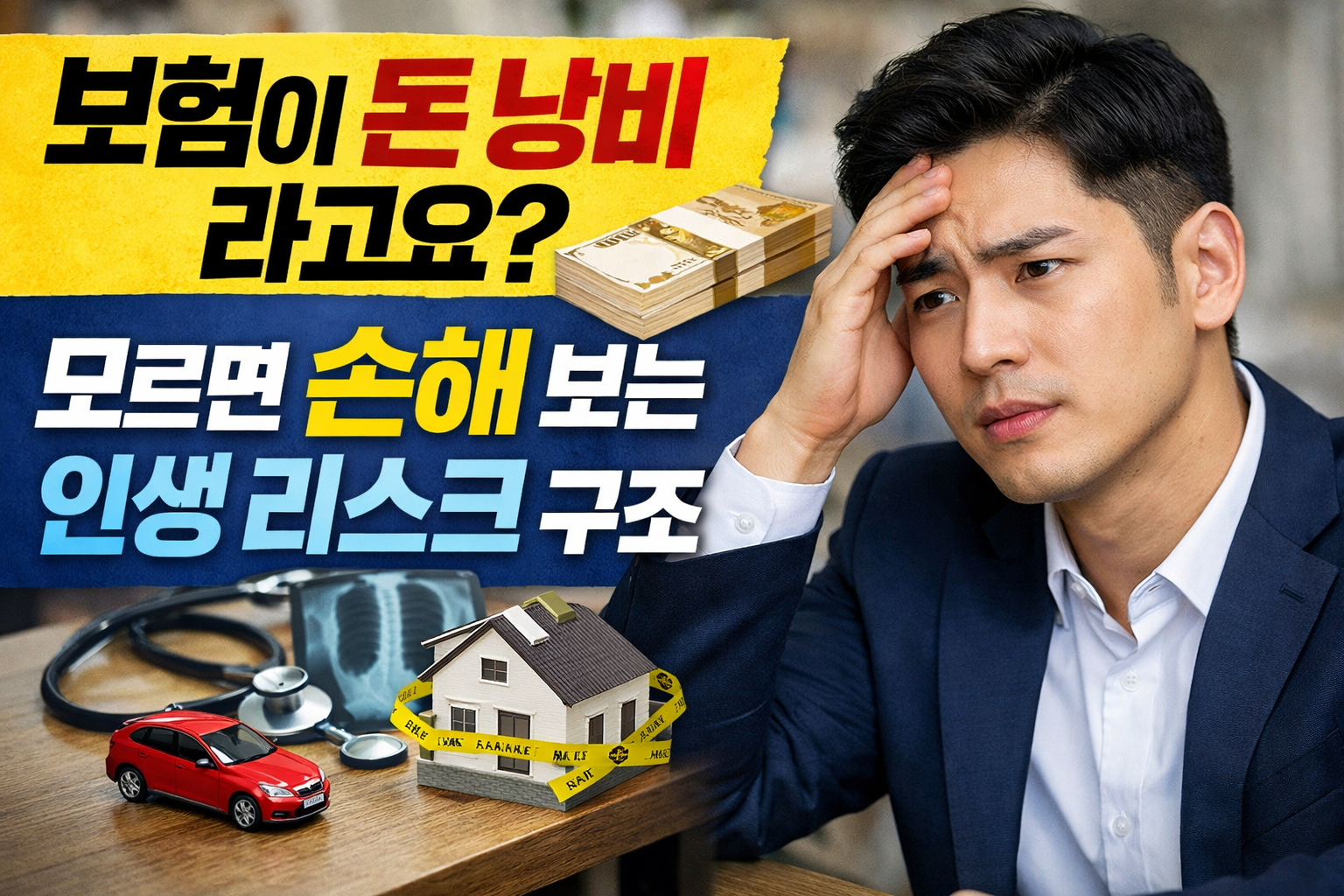 보험이 돈 낭비라고 생각하는 상황에서 고민하는 남성과 의료비, 자동차 사고, 주택 리스크를 상징하는 이미지가 함께 배치된 재테크 썸네일