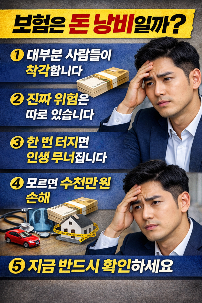 보험이 돈 낭비라는 오해를 설명하며 인생 리스크의 위험성과 금전적 손실 가능성을 강조하는 한국어 인포그래픽 이미지
