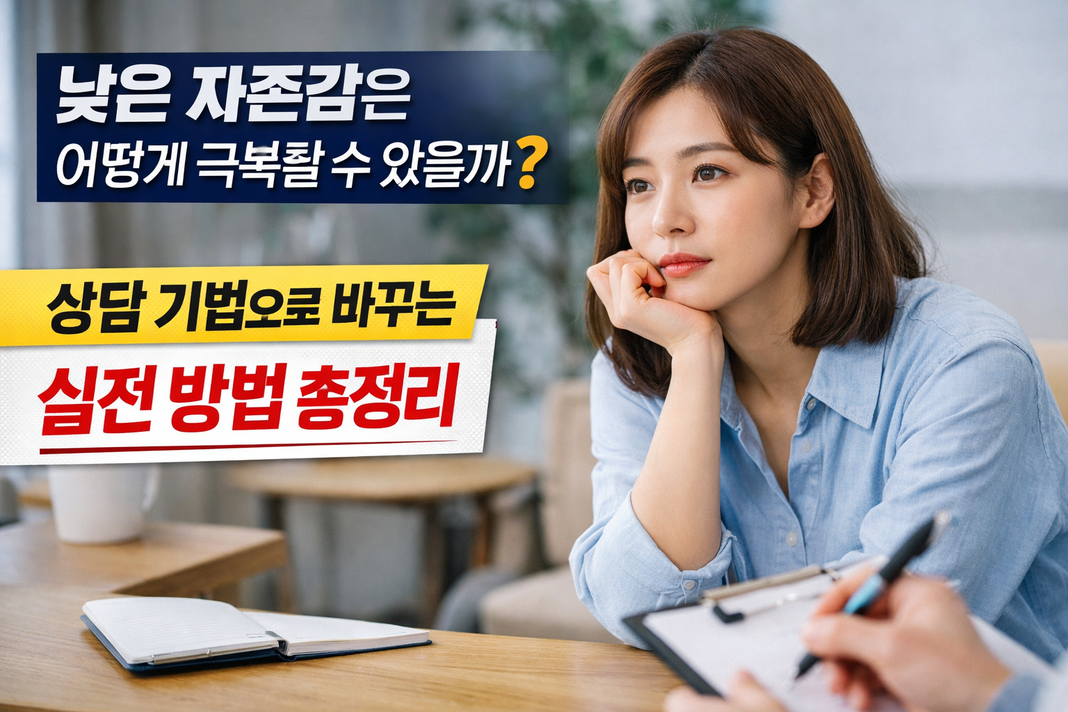 상담을 받으며 낮은 자존감에 대해 고민하는 여성이 턱을 괴고 생각에 잠긴 모습