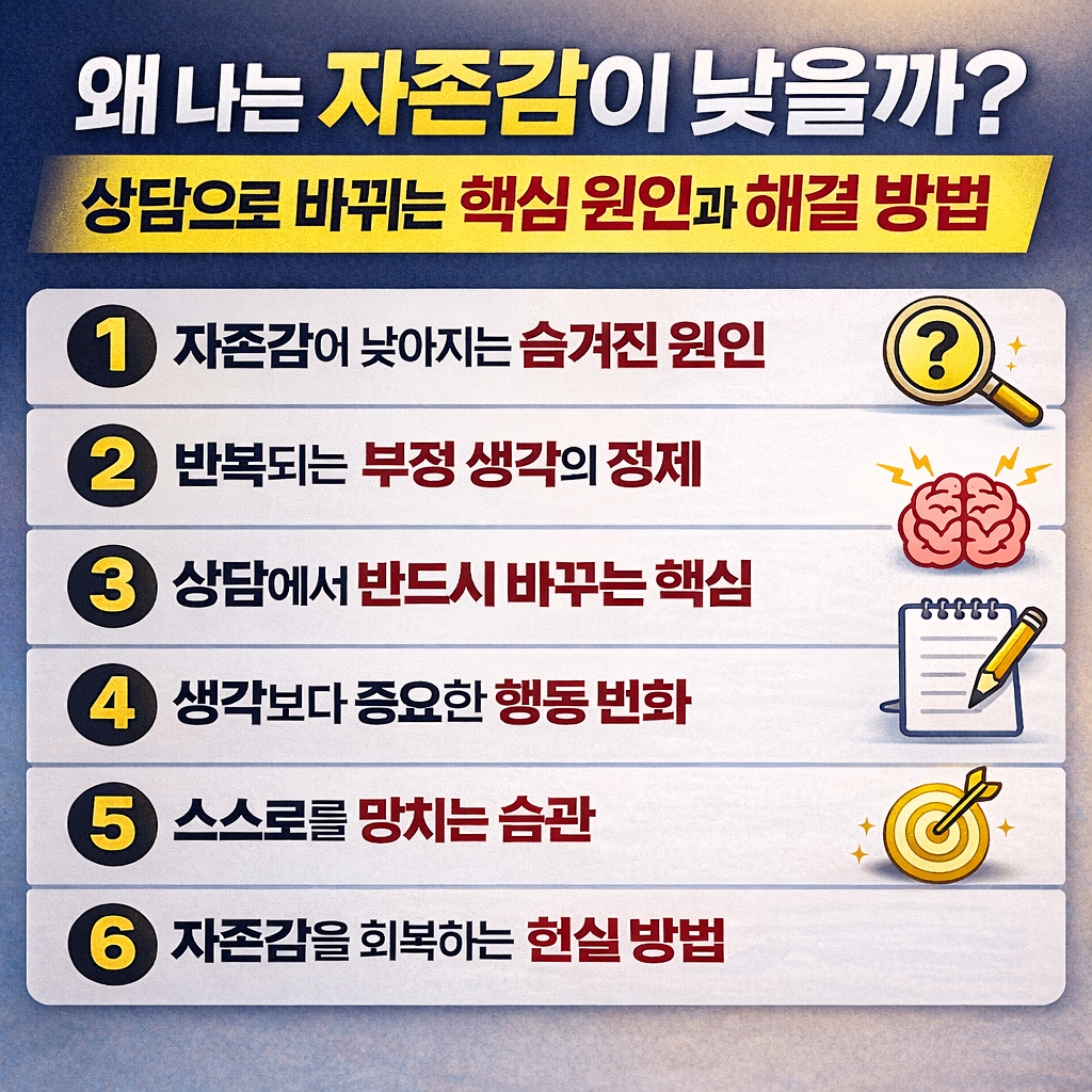 자존감이 낮아지는 원인과 상담을 통해 변화시키는 해결 방법을 6가지 단계로 정리한 인포그래픽 이미지