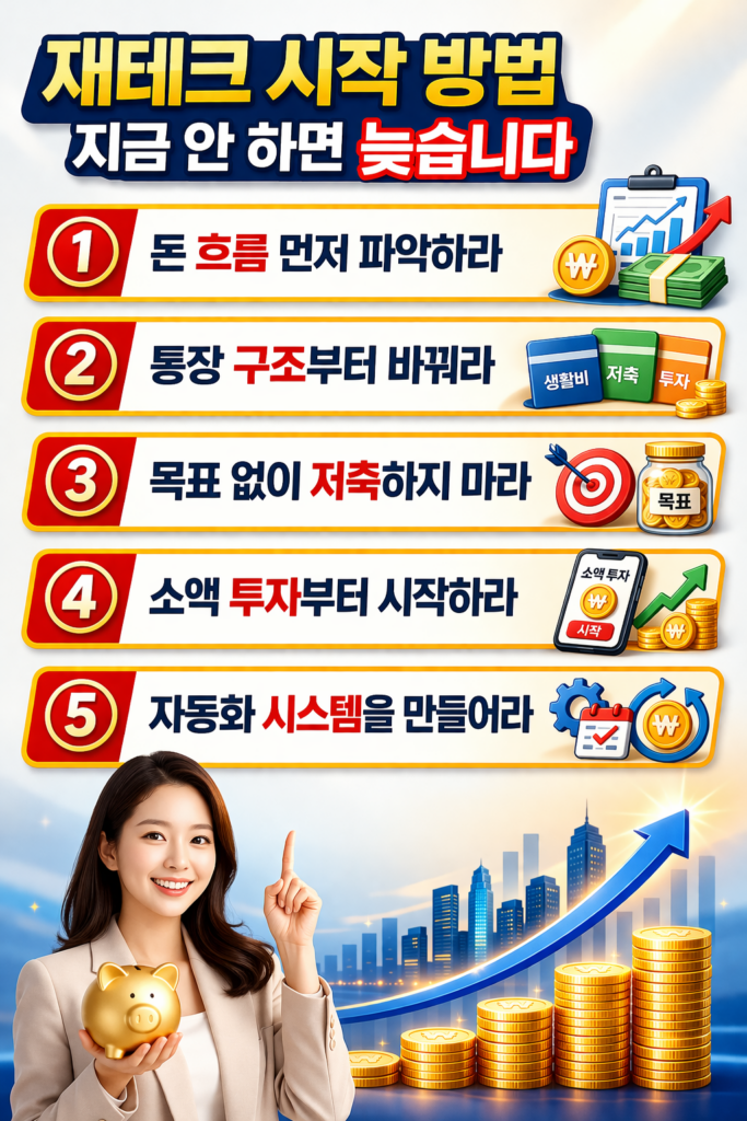 재테크 시작 방법을 단계별로 정리한 인포그래픽으로 돈 흐름 파악, 통장 분리, 목표 설정, 소액 투자, 자동화 시스템 구축까지 5가지 핵심 전략을 시각적으로 표현한 이미지