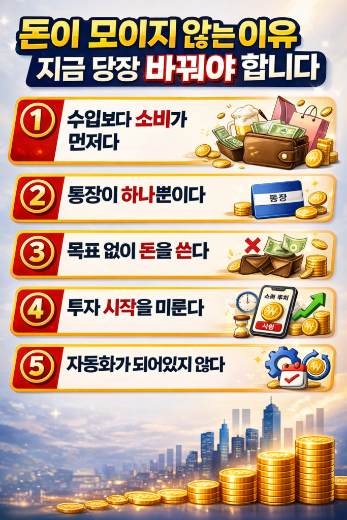 돈이 모이지 않는 이유를 설명하는 인포그래픽으로 수입보다 소비가 앞서는 습관, 통장 미분리, 목표 없는 소비, 투자 미루기, 자동화 부족 등 5가지 핵심 문제를 시각적으로 정리한 이미지