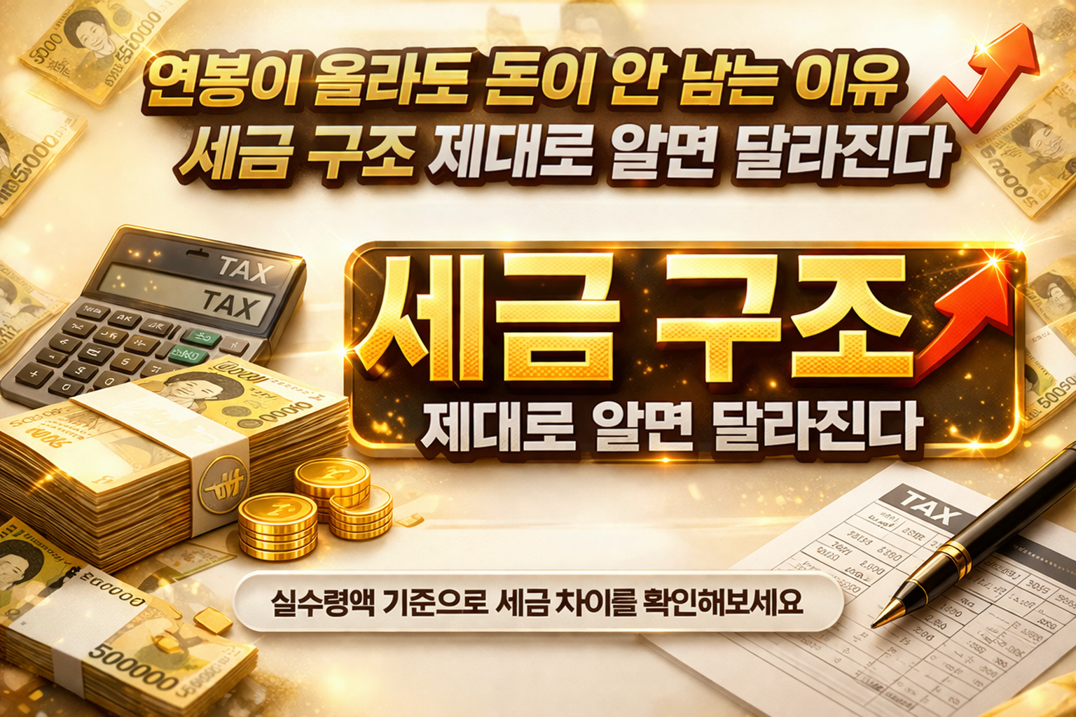 연봉과 세금 차이를 설명하는 재테크 썸네일로 5만원 지폐와 계산기 세금 서류가 함께 배치된 밝은 금융 이미지