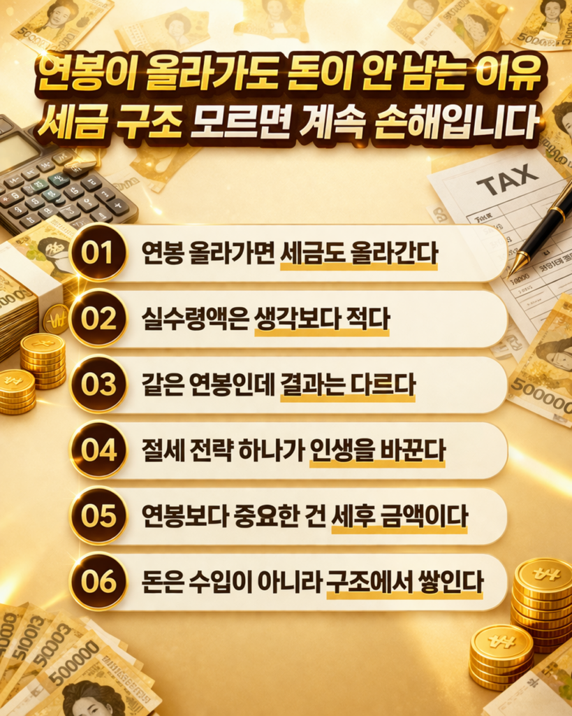 세금 구조와 돈 관리 방식에 따라 자산이 달라지는 이유를 설명하는 인포그래픽으로 연봉 대비 실수령액과 절세 전략의 중요성을 6가지 핵심 문장으로 정리한 금융 이미지