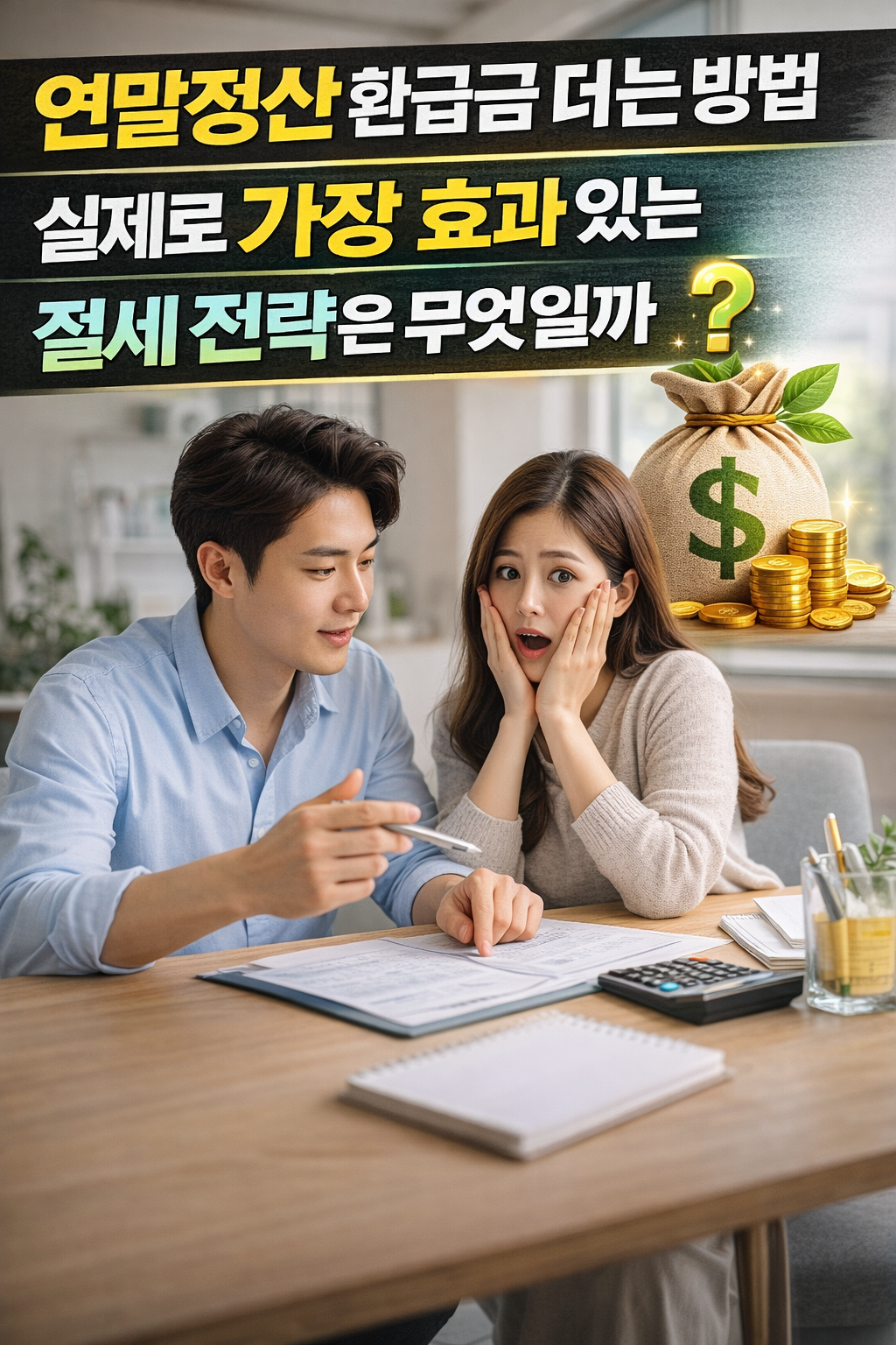 연말정산 환급금을 주제로 한 이미지로, 책상 위에서 계산기와 서류를 보며 남성이 설명하고 있고 여성이 놀란 표정으로 반응하는 모습과 함께 돈주머니와 금화 아이콘이 배치되어 절세와 환급 증가를 강조한 썸네일