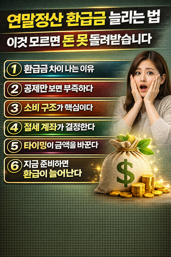 연말정산 환급금을 늘리는 방법을 설명하는 인포그래픽으로, 환급금 차이 발생 이유, 공제 한계, 소비 구조 전략, 절세 계좌 활용, 타이밍 중요성, 사전 준비 필요성 등 6가지 핵심 요소가 번호와 함께 강조된 이미지