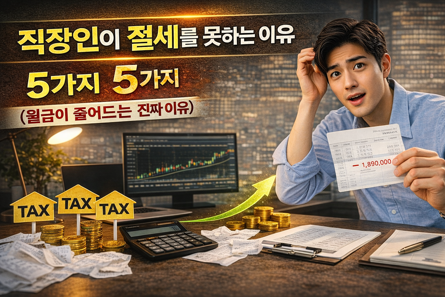직장인의 세금 부담을 강조한 이미지로, 사무실에서 남성이 월급 명세서를 들고 당황한 표정을 짓고 있으며 책상 위에는 계산기와 영수증, TAX 표시가 있는 아이콘과 금화가 놓여 있어 세금 증가와 실수령 감소를 강조한 썸네일