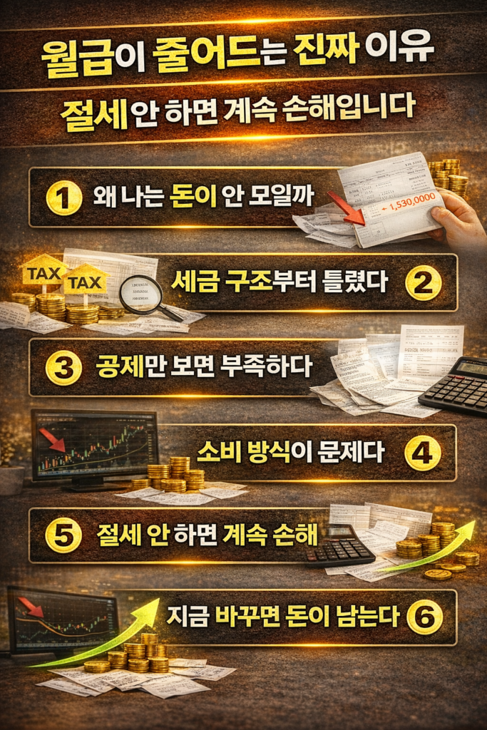 직장인의 절세 실패 원인과 월급 감소 구조를 설명하는 인포그래픽으로, 돈이 모이지 않는 이유, 세금 구조 문제, 공제 한계, 소비 방식 문제, 절세 필요성, 변화 시 효과 등 6가지 핵심 요소가 번호와 함께 강조된 이미지