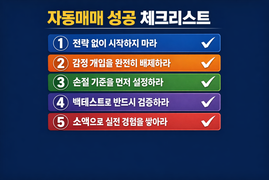 자동매매 성공을 위한 체크리스트를 단계별로 정리한 인포그래픽으로 전략, 감정 배제, 손절 기준, 백테스트, 소액 실전 경험을 강조한 이미지