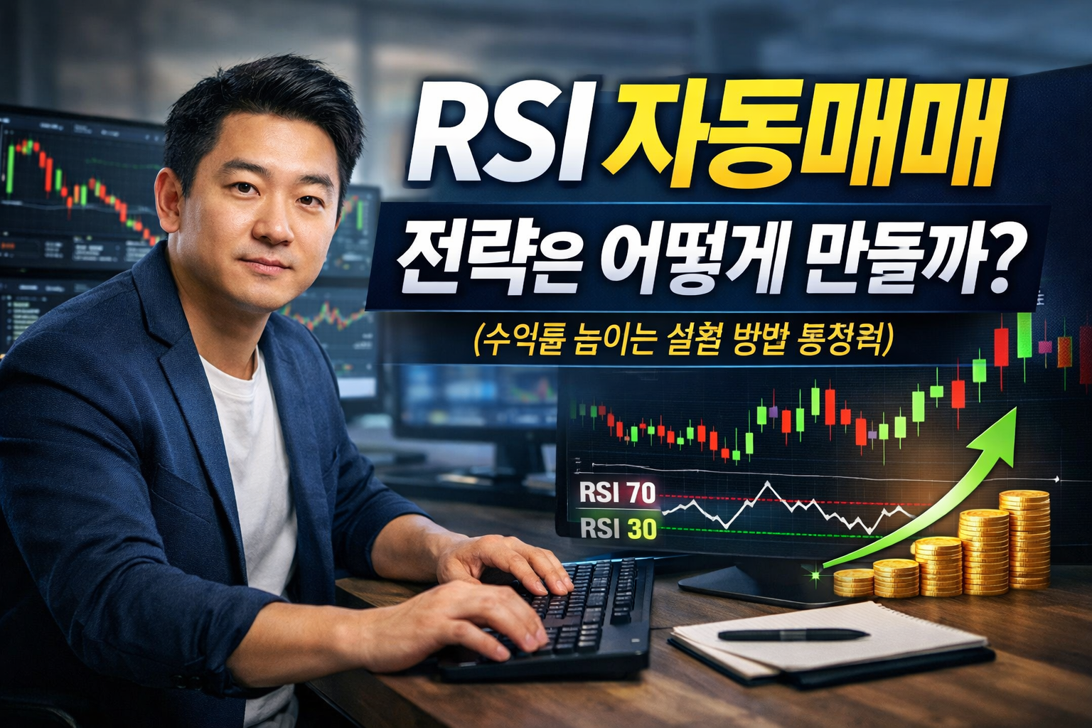 RSI 자동매매 전략을 설명하는 주식 차트 화면과 컴퓨터를 활용한 트레이딩 환경 이미지
