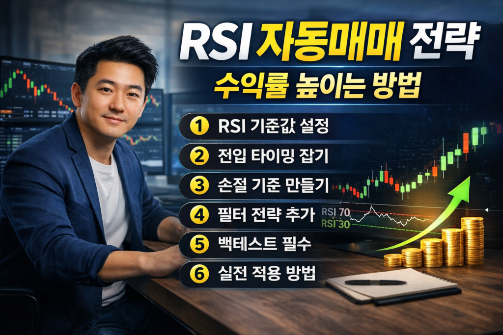 RSI 자동매매 전략의 핵심 설정 방법을 단계별로 정리한 인포그래픽으로 기준값 설정, 진입 타이밍, 손절 기준, 필터 전략, 백테스트, 실전 적용을 설명한 이미지