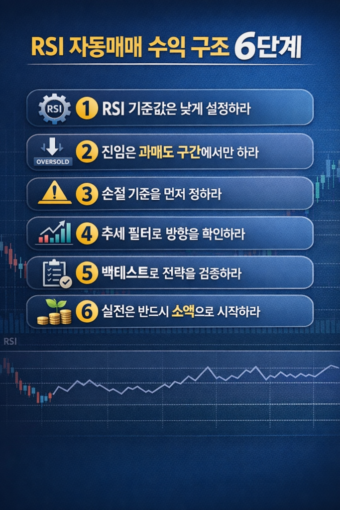 RSI 자동매매 수익 구조 6단계를 설명하는 인포그래픽으로 기준값 설정, 과매도 진입, 손절 기준, 추세 필터, 백테스트, 소액 실전 과정을 정리한 이미지