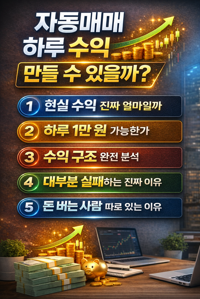 자동매매로 하루 수익이 가능한지 현실 수익 금액과 구조, 실패 원인까지 5가지 핵심 포인트로 정리한 금융 썸네일 인포그래픽 이미지