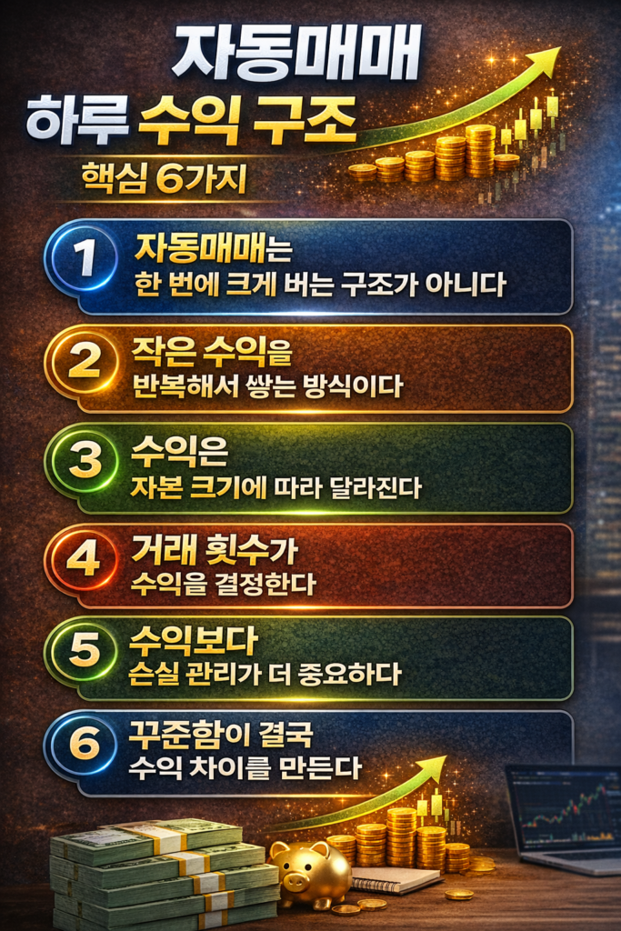 자동매매 하루 수익 구조와 자본, 거래 횟수, 리스크 관리, 꾸준함의 중요성을 6가지 핵심 포인트로 정리한 금융 인포그래픽 이미지