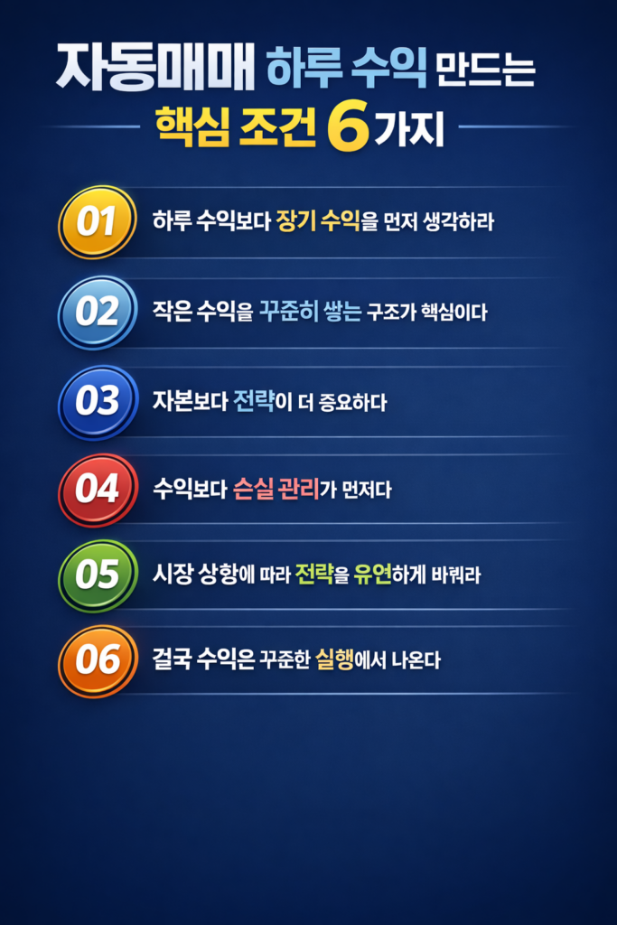 자동매매로 하루 수익을 만들기 위한 핵심 조건과 장기 수익 전략, 리스크 관리, 꾸준한 실행의 중요성을 6가지로 정리한 금융 인포그래픽 이미지