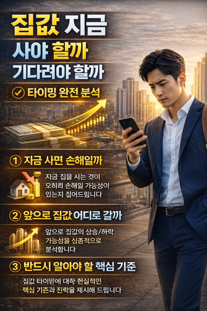 집값을 지금 사야 할지 기다려야 할지 고민하는 상황에서 상승 그래프와 아파트 배경, 투자 판단 기준을 설명하는 부동산 인포그래픽 이미지