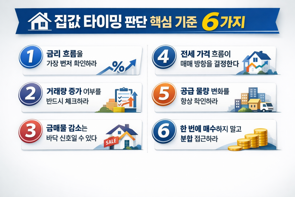 집값 타이밍을 판단하기 위한 금리 흐름, 거래량, 전세 가격, 공급 물량, 급매물 감소 등 핵심 기준 6가지를 정리한 부동산 인포그래픽 이미지