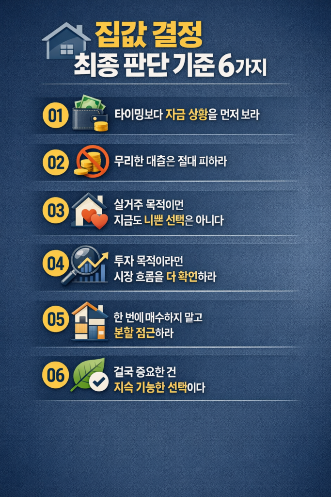 집값을 지금 사야 할지 판단하기 위한 자금 상황, 대출 리스크, 시장 흐름, 분할 매수 전략 등 최종 판단 기준 6가지를 정리한 부동산 인포그래픽 이미지
