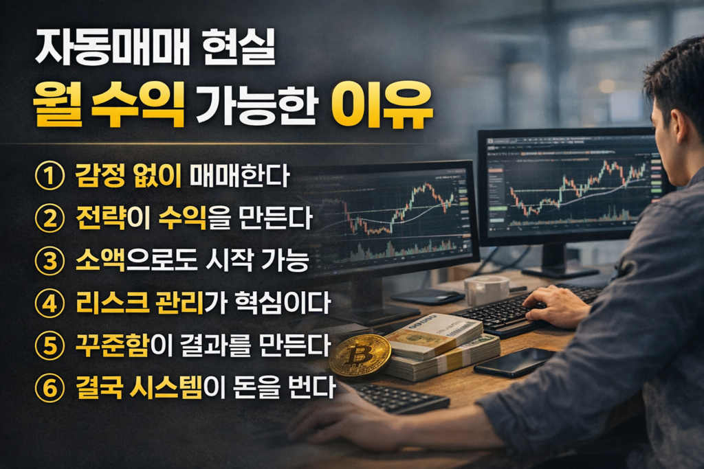 주식 차트가 표시된 듀얼 모니터 앞에서 자동매매를 실행하는 남성과 현금 다발, 비트코인이 함께 배치된 모습, 자동매매로 월 수익이 가능한 이유 6가지를 강조한 현대적인 썸네일 이미지
