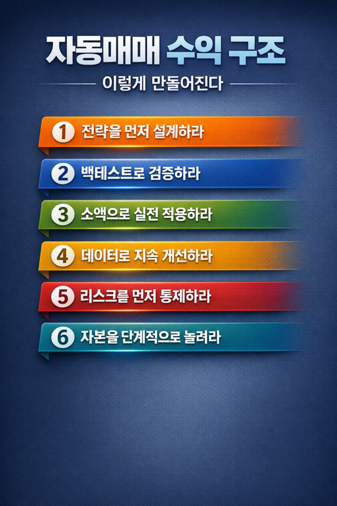 자동매매 수익 구조를 6단계로 정리한 인포그래픽으로, 전략 설계·백테스트·소액 실전 적용·데이터 개선·리스크 관리·자본 확대 과정을 설명한 현대적인 디자인 이미지