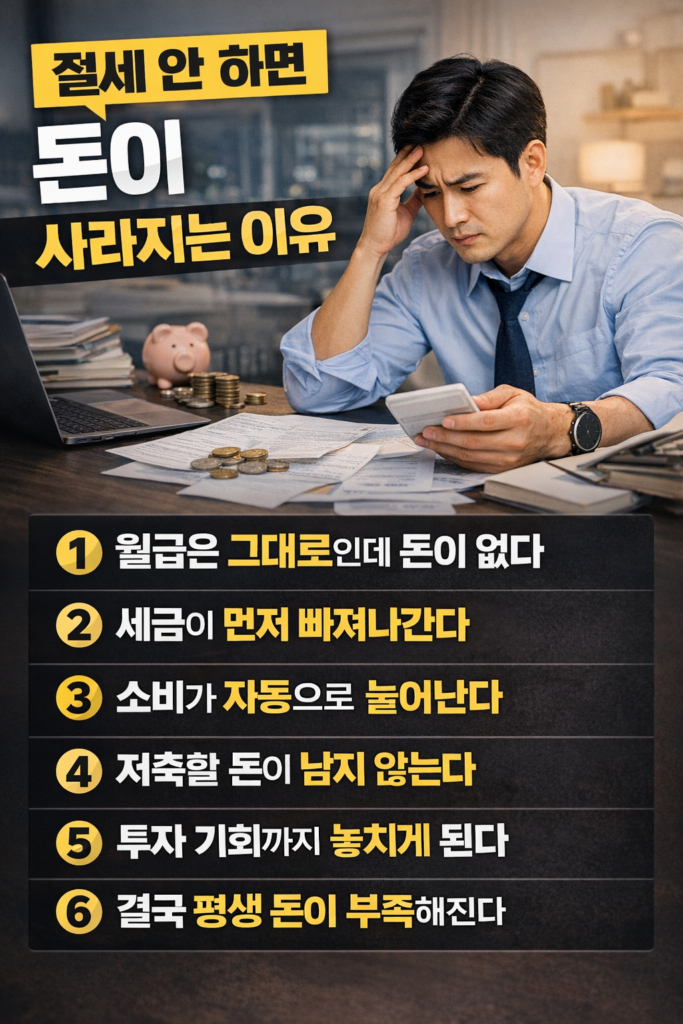 절세를 하지 않을 경우 돈이 부족해지는 이유 6가지를 정리한 인포그래픽으로, 세금 부담 증가, 소비 증가, 저축 부족, 투자 기회 상실 등 직장인의 재정 문제를 강조한 금융 이미지