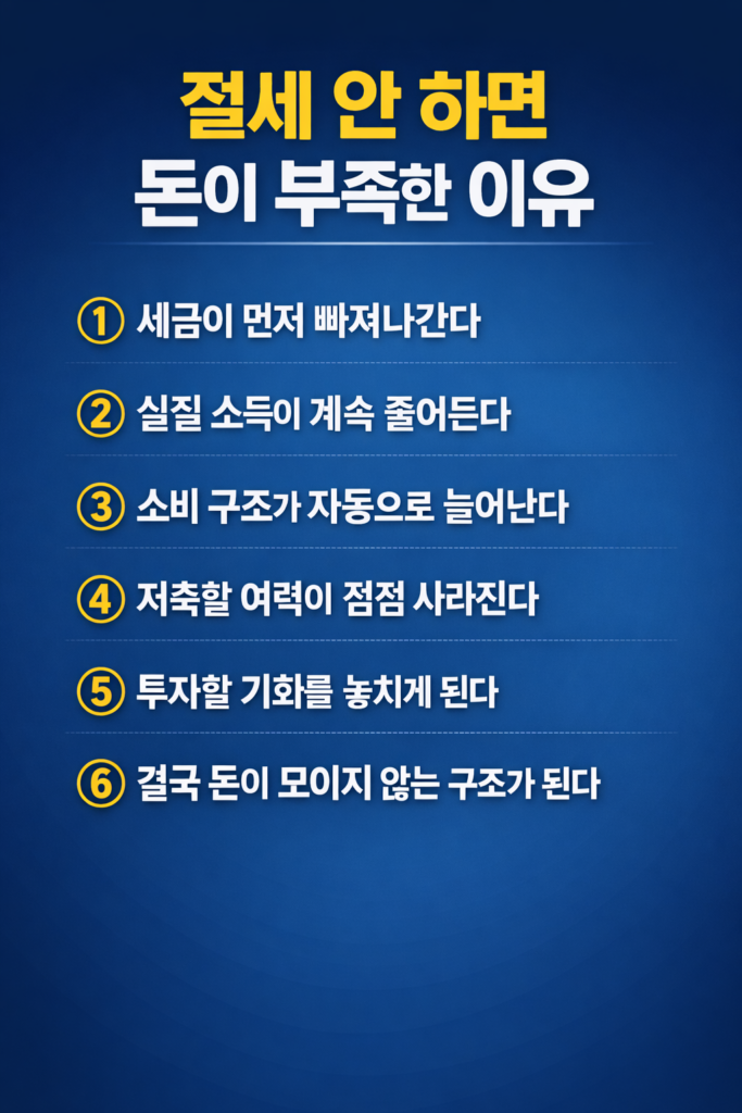 절세를 하지 않을 경우 돈이 부족해지는 이유 6가지를 정리한 인포그래픽으로, 세금 선차감 구조, 실질 소득 감소, 소비 증가, 저축 감소, 투자 기회 상실 등 직장인의 재정 문제를 강조한 금융 이미지