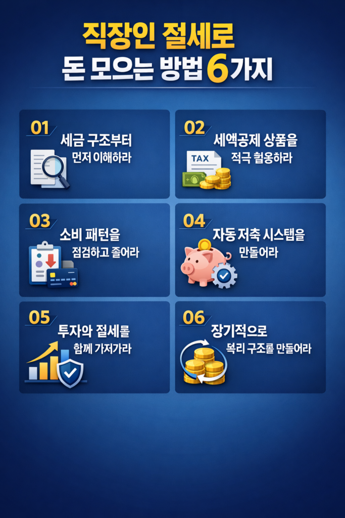 직장인이 절세를 통해 돈을 모으는 방법 6가지를 정리한 인포그래픽으로, 세금 구조 이해, 세액공제 활용, 소비 관리, 자동 저축, 투자 병행, 장기 복리 전략을 강조한 금융 이미지