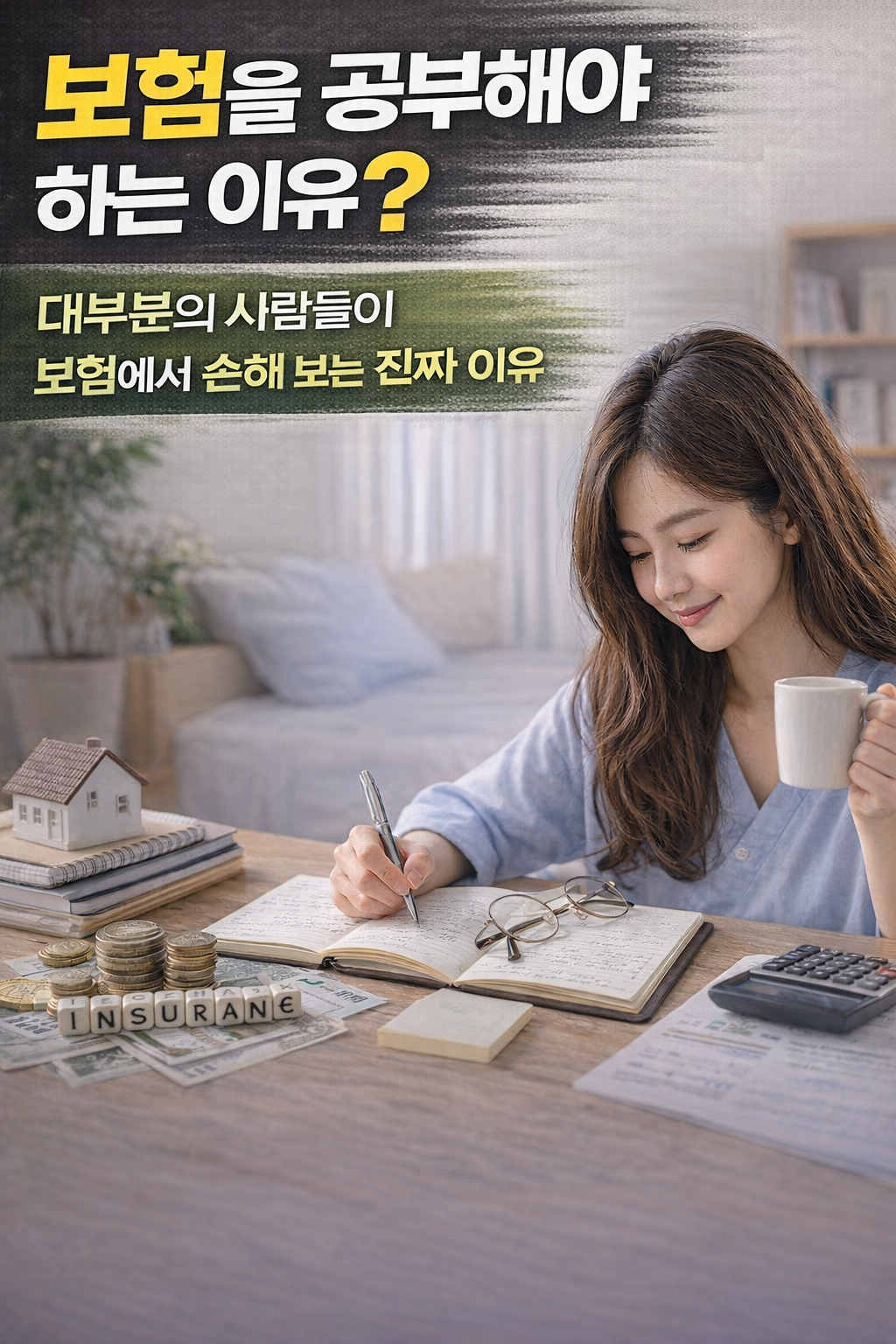노트와 계산기, 보험 관련 서류가 놓인 책상에서 보험 공부를 하고 있는 여성의 모습과 함께 ‘보험을 공부해야 하는 이유’라는 문구가 들어간 금융 지식 블로그 썸네일 이미지