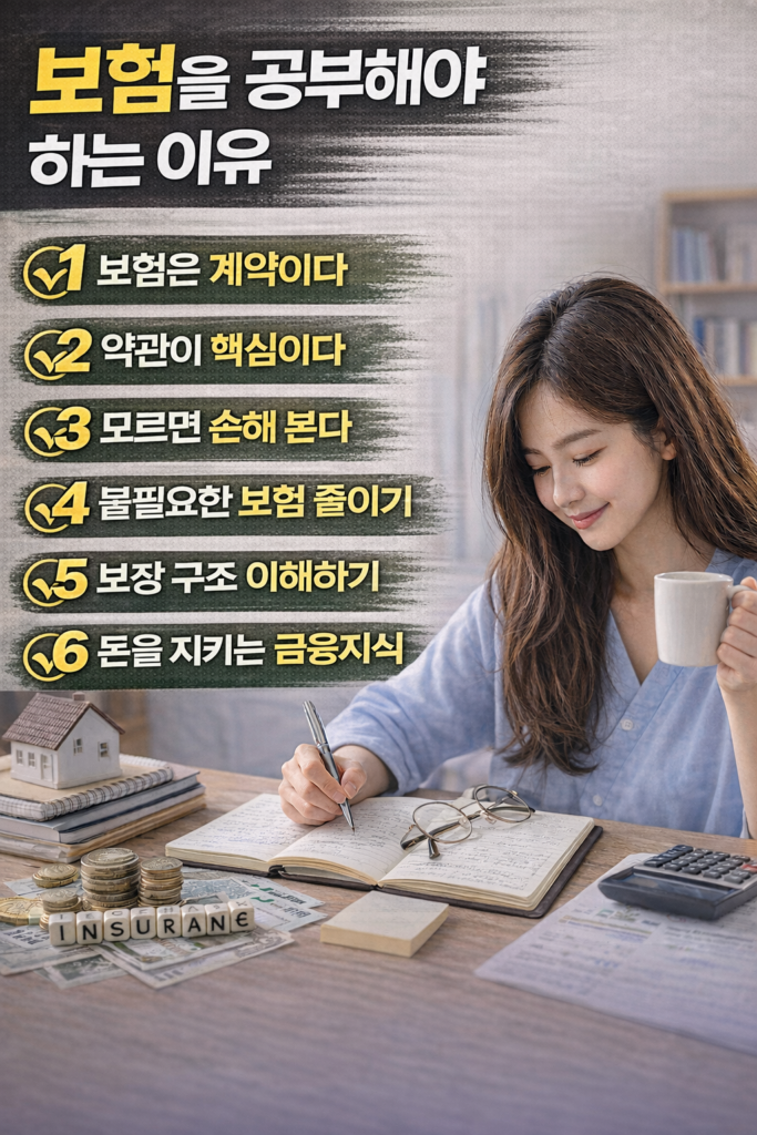 보험 관련 서류와 계산기가 놓인 책상에서 보험 공부를 하고 있는 모습과 함께 보험을 공부해야 하는 이유 6가지가 정리된 금융 지식 인포그래픽 이미지