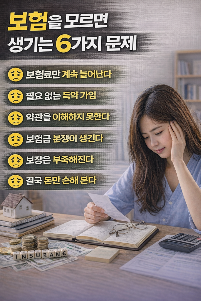 보험 관련 서류와 계산기가 놓인 책상에서 보험 내용을 확인하며 고민하는 여성의 모습과 함께 보험을 모르면 생기는 6가지 문제가 정리된 금융 인포그래픽 이미지